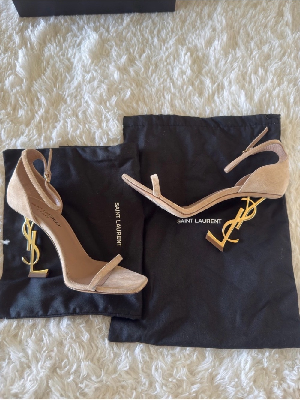 Saint Laurent Nude Suede YSL Logo Heel Sandals - Picture 6 of 10